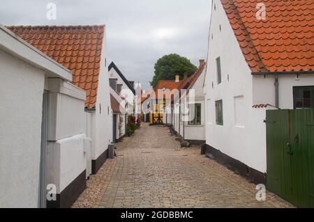 Gemütliche Straße mit Kopfsteinpflaster und weißen Häusern und roten Ziegeldächern in Ribe, Dänemark Stockfoto