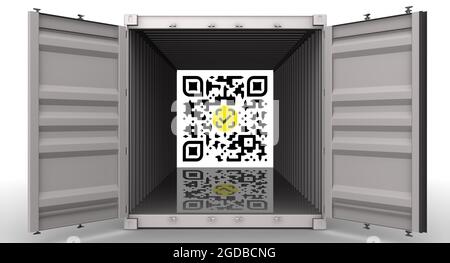 Frachtcontainer mit einem QR-Code. Ein offener Frachtcontainer mit QR-Code. Verschlüsselter Text: Ein ehrliches Zeichen (russische Sprache). 3D-Illustration Stockfoto