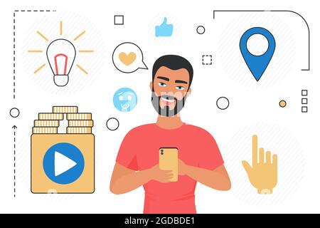 Business Development Moderne digitale Technologie Vektor Illustration. Cartoon Geschäftsmann Figur hält Smartphone mit Finger berühren Bildschirm, Glühbirne Idee dünne Linie Symbole auf weiß isoliert Stock Vektor