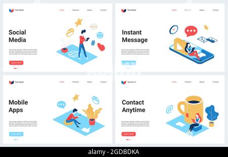 Isometrischer Chat-Messenger für soziale Medien, Vektordarstellung für Online-Kommunikation. Cartoon 3d modernes Konzept Landing Page für Nachricht mobile App mit Menschen chatten in Sprechblase, mit Telefon gesetzt Stock Vektor