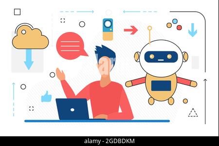 Vektordarstellung: KI-Automatisierung von Geschäftsprozessen. Cartoon Geschäftsmann arbeitet mit Laptop in der Nähe von niedlichen Roboter künstliche Intelligenz, Wolke, Kommunikation Blase Textlinie Symbole auf weiß isoliert Stock Vektor
