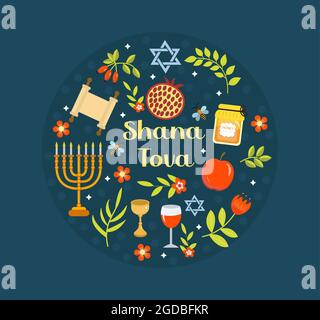 Happy Rosh Hashanah Grußkarte. Shana Tova Vorlage für Ihr Design mit traditionellen Symbolen und Blumen. Jüdischer Feiertag. Frohes neues Jahr in Israel Stock Vektor