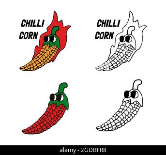 Chili Pepper and Corn ist eine niedliche und lustige Zeichentrickfigur. Stock Vektor
