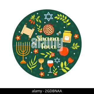 Happy Rosh Hashanah Grußkarte. Shana Tova Vorlage für Ihr Design mit traditionellen Symbolen und Blumen. Jüdischer Feiertag. Frohes neues Jahr in Israel Stock Vektor
