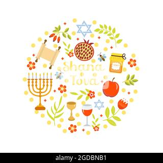 Happy Rosh Hashanah Grußkarte. Shana Tova Vorlage für Ihr Design mit traditionellen Symbolen und Blumen. Jüdischer Feiertag. Frohes neues Jahr in Israel Stock Vektor