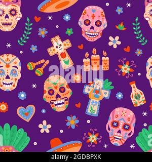 Tag der Toten nahtloses Muster. Dia de los muertos Zuckerschädel und Blumen. Mexikanisches halloween-Festival mit Skeletten Köpfe flach Vektor-Druck Stock Vektor