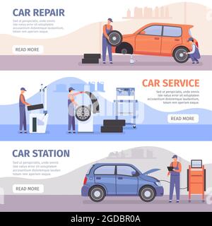 Autom. Reparatur-Service-Banner. Autowerkstätten-Poster mit Arbeitern fixieren Autos und Reifen. Fahrzeug Mechaniker Wartung Werbung Vektor gesetzt Stock Vektor