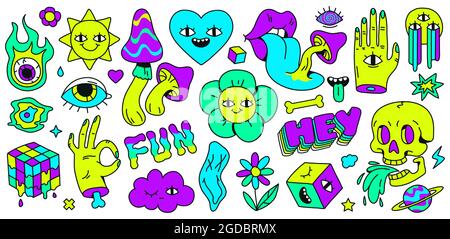 Neon Cartoon psychedelische Hippie Aufkleber mit Pilzen und Augen. Halluzinationselemente, Herz, Schädel, Emoji und ok Hand. Grooviger Vektorsatz Stock Vektor