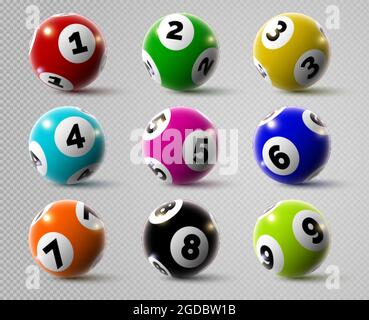 Realistische Lotterie Bingo oder Keno Spielbälle mit Zahlen. 3d-Lotto oder Billardkugel. Lucky Glücksspiel Sport, Casino Lotterie Sphären Vektor-Set Stock Vektor