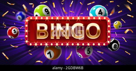 Gewinner-Poster mit Lotteriekugeln mit Zahlen, Konfetti und goldenem Bingo. Realistische Lotto-Spiel großen Gewinn Hintergrund. Glücksspiel Vektor Konzept Stock Vektor
