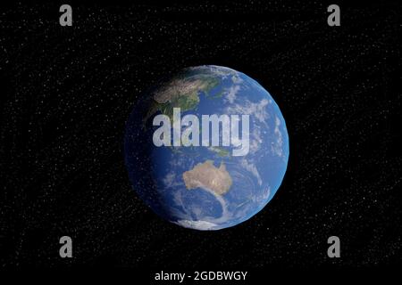 Die Welt schwimmt im Weltraum zwischen Sternen und Sternstaub, der australisches Land erfasst Stockfoto