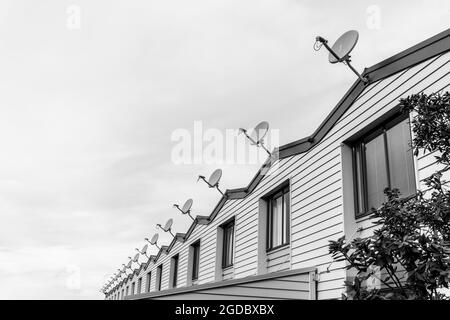 Lange Reihe von sich wiederholenden Giebeln und Fernsehgeschirr auf kleinen städtischen Apartments im modernen Stadtstil in Auckland, Neuseeland. Stockfoto