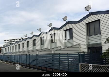 Lange Reihe von sich wiederholenden Giebeln und Fernsehgeschirr auf kleinen städtischen Apartments im modernen Stadtstil in Auckland, Neuseeland. Stockfoto