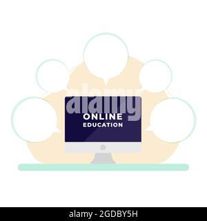 Online-Bildungskonzept. Desktop-Computer, umgeben von Sprechblasen auf dem Schreibtisch. Zurück zur Schule. Vektorgrafik, flaches Design Stock Vektor