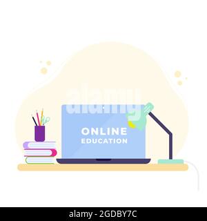 Online-Bildungskonzept. Laptop, Lampe, Bücher und Verbrauchsmaterialien auf dem Schreibtisch. Zurück zur Schule. Vektorgrafik, flaches Design Stock Vektor