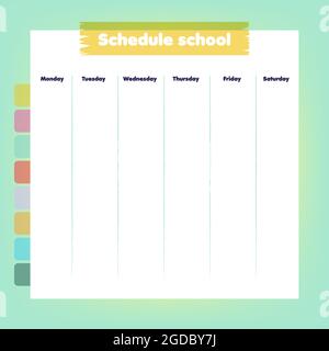 Schulplan. Minimalistischer Wochenplaner. Blatt Papier mit den Tagen und Sticker, um die Stunden zu setzen. Zurück zur Schule. Vektorgrafik, flache Darstellung Stock Vektor