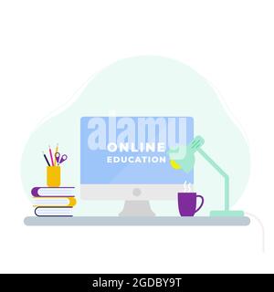 Online-Bildungskonzept. Desktop-Computer, Lampe, Bücher, Kaffeetasse und Zubehör Büro auf dem Schreibtisch. Zurück zur Schule. Vektorgrafik, flaches Design Stock Vektor