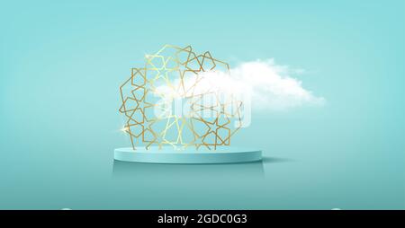 Luxuriöses islamisches Podium mit goldenem traditionellen islamischen Symbol mit flauschiger Wolke. 3D horizontales arabisches Banner für Produktpräsentation, Produktpräsentation, Stock Vektor