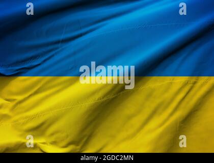 Rendering der Ukraine-Flagge. Perfekt zum Bedrucken von T-Shirts, Postern, Wandgemälden, Tassen, Gläsern, Sonnenliegen, Banner, Roll-ups und andere Aufdrucke Stockfoto