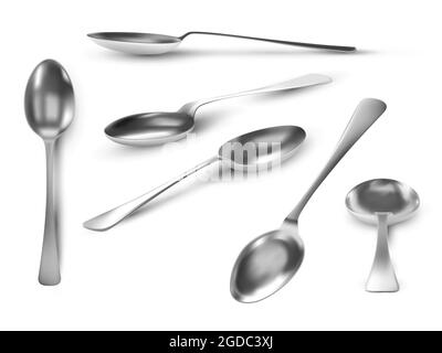 Realistische Löffelansichten. 3D-Tischgerät aus Metall. Teelöffel Stahl oben, Winkel und Seitenansicht. Silberne Löffel für Kaffee, Tee oder Dessert Vektor-Set Stock Vektor