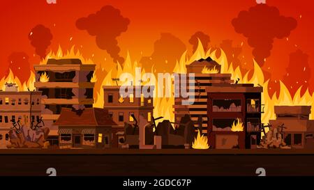 Cartoon apokalyptische Stadtlandschaft mit zerstörten Gebäude in Brand. Stadtbild mit brennenden Straßenhäusern und Rauch. „Feuer in der Stadt“-Vektorkonzept Stock Vektor