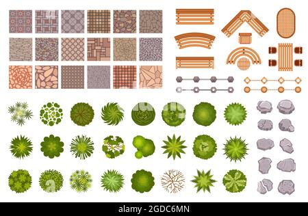 Stadtpark Landschaft Design Karte Elemente Draufsicht. Gartenbäume und Pflanzen, Bänke, Straßenweg Fliesen und Felsen von oben. Parkplan-Vektor eingestellt Stock Vektor