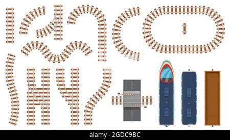 Flache Eisenbahn- und Eisenbahnelemente Draufsicht. Bahn Track Map Konstruktion, Barriere, gebogene Schienenwege, Lokomotive und Güterwagen Vektor-Set Stock Vektor