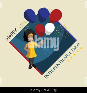 Glücklicher Unabhängigkeitstag 4. Juli Poster mit einer Frau hält Ballons Vector Stock Vektor