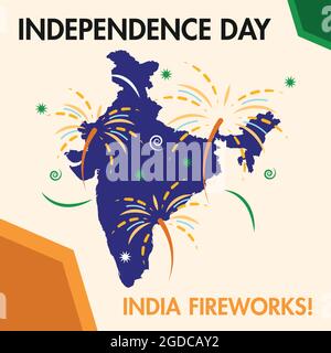 Happy India Unabhängigkeitstag Poster mit einer Karte von Indien und Feuerwerk Vektor Stock Vektor