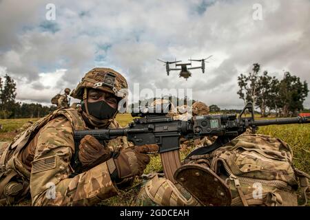 Die 25th Combat Aviation Brigade und die 25th Infantry Division Artillery-Einheiten arbeiteten zusammen mit unserer Schwesterwaffe, dem U.S. Marine Corps, in einer Übung namens Operation Wardog Kila für eine gemeinsame Live-Feuer-Übung in Schofield Barracks, Hawaii. Die 25. Infanterie-Division demonstriert durch ihr aktives Engagement mit gemeinsamen und internationalen Partnern, um einen freien und offenen Indo-Pazifik-Raum zu erhalten, konsequent ihre Bereitschaft, jede Mission zu erfüllen. (USA Armeefoto von Sgt. Sarah D. Sangster) Stockfoto