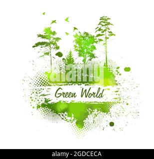 Grüne Bäume. Grüne Welt . Abstrakte Landschaft. Farbige Blots. Gemischte Medien, Vektorgrafik Stock Vektor