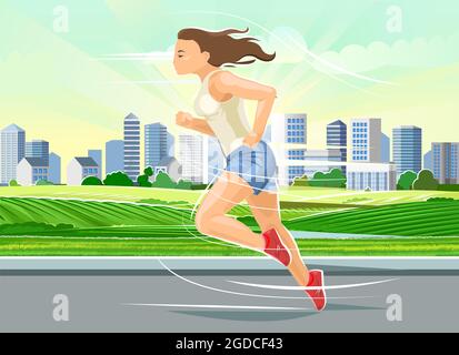 Das Mädchen rennt. Sportlauf. Fitness und gesunder Lebensstil. Flacher Cartoon-Stil. Eine Läuferin trainiert vor dem Hintergrund einer großen modernen Stadt. Stockfoto