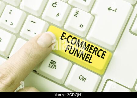 Handschriftenschild E Commerce Trichter. Konzeptfoto ein Tool zur Optimierung der Benutzerfreundlichkeit des Online-Assets Tippen des Kochlektionshandbuchs Stockfoto