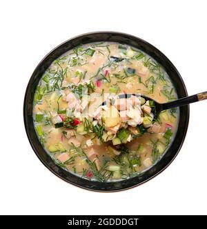 Schüssel mit leckeren Okroshka auf weißem Hintergrund Stockfoto