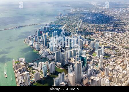 Miami Florida, Miami International Airport MIA, Flugfenster, Sitzansicht oben, Stadtzentrum Brickell Key Miami River Biscayne Bay, Stockfoto