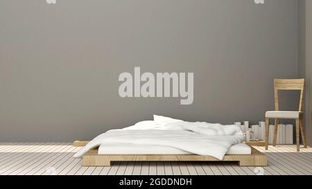 Graues Schlafzimmer am Sonnentag für Kunstzimmer im Hotel oder in einer Eigentumswohnung - einfaches Design der Inneneinrichtung - 3D-Rendering Stockfoto