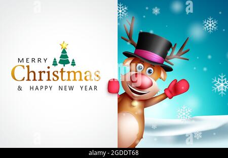 Frohe weihnachten Vektor-Vorlage Design. Frohe weihnachten Text mit Rentier Charakter winken in verschneiten Outdoor für Weihnachtsfeier Grußkarte. Stock Vektor