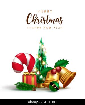 Vektor-Design für Weihnachten. Frohe weihnachten Text mit Glocken, Zuckerrohr und Blätter Miniatur Ornament Elemente für Weihnachten Grußkarte Dekoration. Stock Vektor