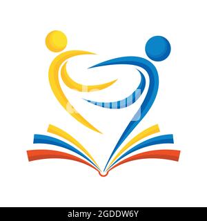 Bildungskonzept. Abstrakte Zeichnung von zwei umarmenden Menschen auf einem offenen Buch in gelb, blau und rot auf weißem Hintergrund. Vektorbild Stock Vektor