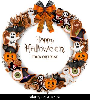 Fröhlicher halloween Kranz mit Lebkuchenkuchen, Spinnweben und Schleife Stock Vektor