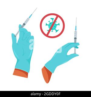 Hand in medizinischen Handschuhen mit Spritzenvorsatz, Impfung gegen Viren, Vektorgrafik in flacher Ausführung Stock Vektor