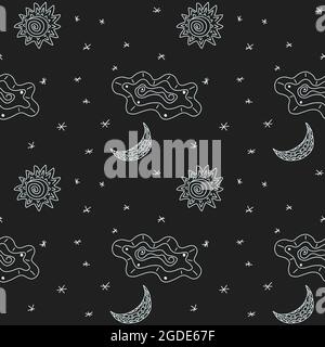 Nachthimmel-Muster mit Sternen, Mond, Sonne, Wolke. Niedliches, einfaches, abstraktes Nahtmuster. Kachelbare Tribal-Textur für Design. Doodle-Vektor-Illustration Stock Vektor