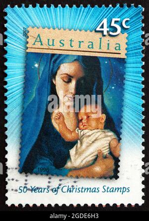 AUSTRALIEN - UM 2007: Eine in Australien gedruckte Briefmarke zeigt Madonna mit Kind, Weihnachten, um 2007 Stockfoto