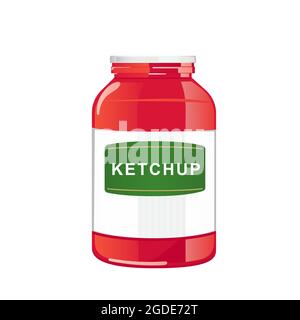 Glas mit Tomatensauce und weißem Deckel. Rote natürliche würzige Würze in Behälter mit Etikett. Vektor-Illustration in flachen Cartoon-Design isoliert auf weißem Hintergrund. Stock Vektor