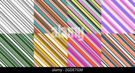 Satz Diagonal Streifen nahtlose Muster. Schwarz-weiß und bunte parallele schräge Linien in wiederholtem Endlosmuster Stock Vektor