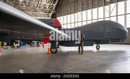 Maj. Marc Nichols, Assistenzdirektor des 452. Flight Test Squadron, führt eine begehbare Inspektion eines ferngesteuerten RQ-4 Global Hawk-Flugzeugs auf der Edwards Air Force Base, Kalifornien, durch., 6. April 2020. Die Mission der RQ-4 besteht darin, ein breites Spektrum an Aufklärungs-, Überwachungs- und Aufklärungskapazitäten bereitzustellen, um gemeinsame Kampftruppen bei weltweiten Operationen in Friedenszeiten, Notfällen und Kriegszeiten zu unterstützen. (USA Luftwaffe Foto von Giancarlo Casem) Stockfoto