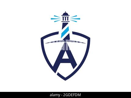 Initial EIN Monogramm Alphabet in einem Schild mit dem Leuchtturm. Hafenlogo. Schrift-Emblem. Modernes Vektor-Leuchtturmlogo für Geschäft, Organisation Stock Vektor