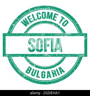 WILLKOMMEN IN SOFIA - BULGARIEN, Wörter auf grünem runden einfachen Stempel geschrieben Stockfoto