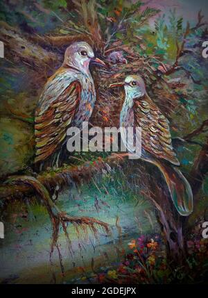 Kunst Malerei schöne Kunst Ölfarbe Vögel aus Thailand Stockfoto