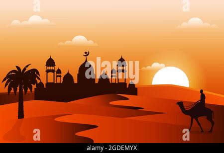 Sonnenuntergang Arabische Wüste Kamel Karawane Muslimische Islamische Kultur Illustration Stock Vektor
